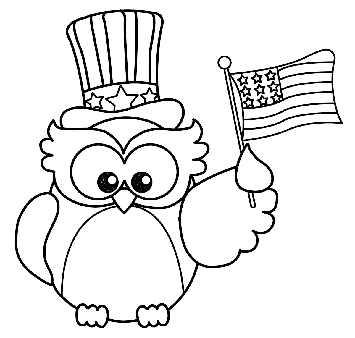 Patriotic Owl Holding American Flag with Uncle Sam Hat 🦉🇺🇸🎆🎩✨ Coloring Page