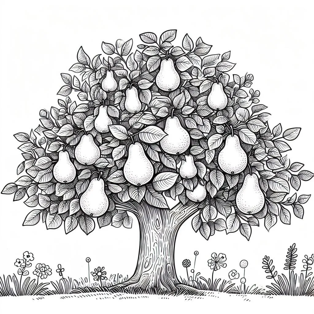 Pear 🍐 Tree in Summer with Pears 🌳🍐🌞 Coloring Page