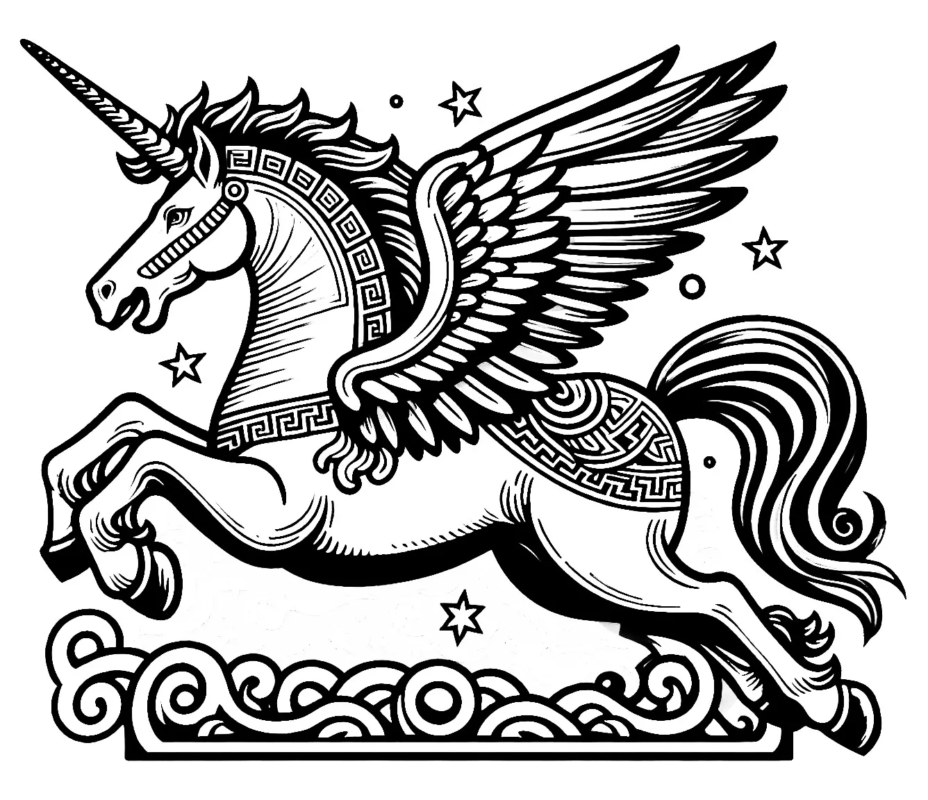 Ancient Greek Pegasus with Wings and Horn with Stars around 🌟🦄 🌟🦄 Coloring Page