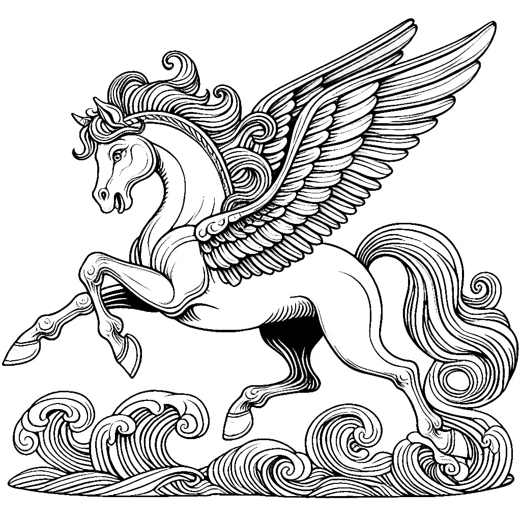 Ancient Greek Pegasus with Wings Jumping above the Waves 🌊🐎 Coloring Page