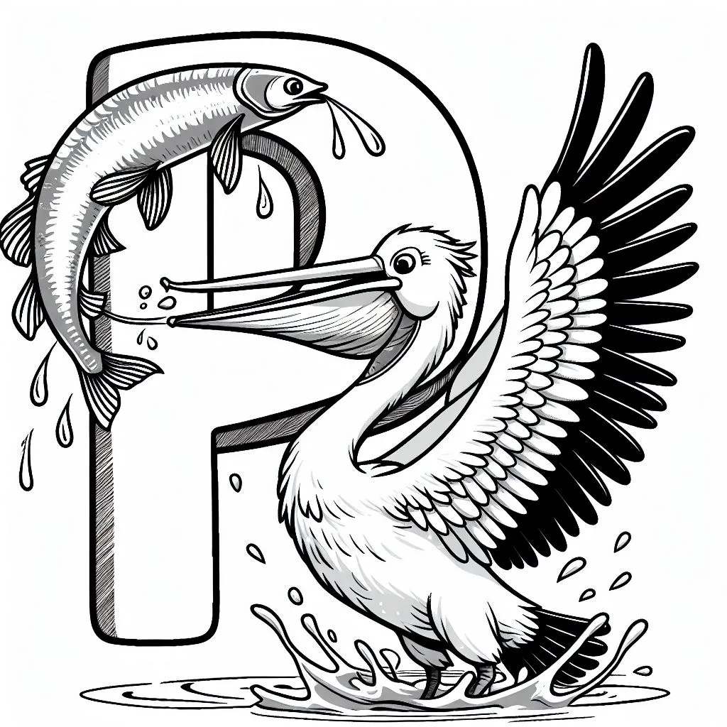 Pelican Bird Catching a Fish with Letter P 🦩🎣 Coloring Page