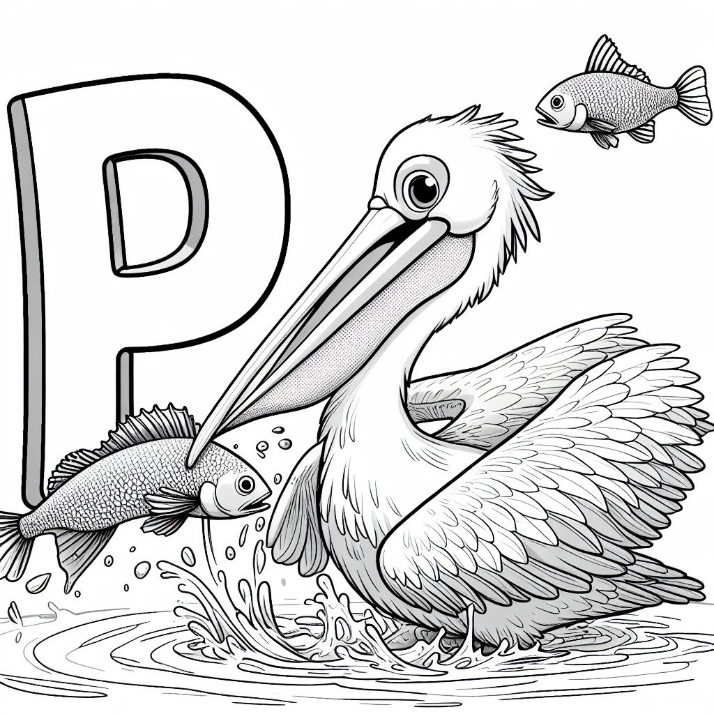 Pelican Bird Catching a Fish with Letter P 🦩🎣 Coloring Page