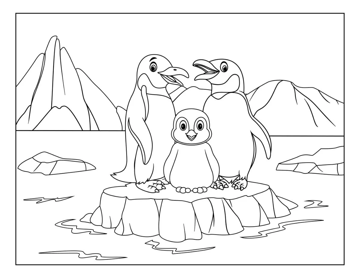 Penguin Family Standing on an Iceberg in the Arctic 🐧❄️🌊 Coloring Page