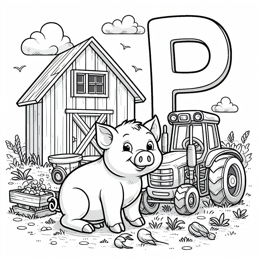 Pig at the Farm with Tractor, Barn and Letter P 🐷🚜🏡 Coloring Page