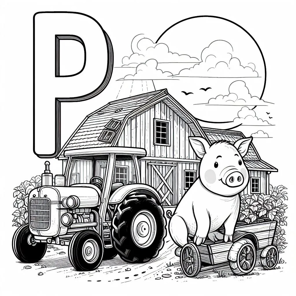 Pig at the Farm with Tractor, Barn and Letter P 🐷🚜🏡 Coloring Page