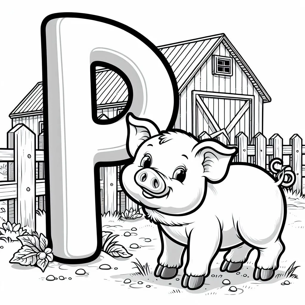 Pig at the Farm with Tractor, Barn and Letter P 🐷🚜🏡 Coloring Page