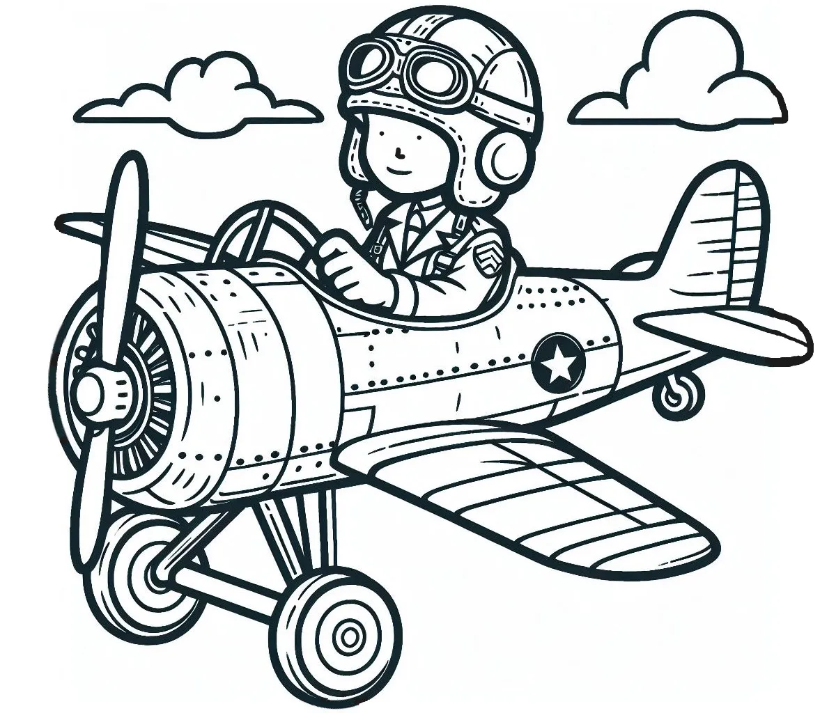 Kid Pilot in First World War Airplane 🧑‍✈️🛩️ Coloring Page