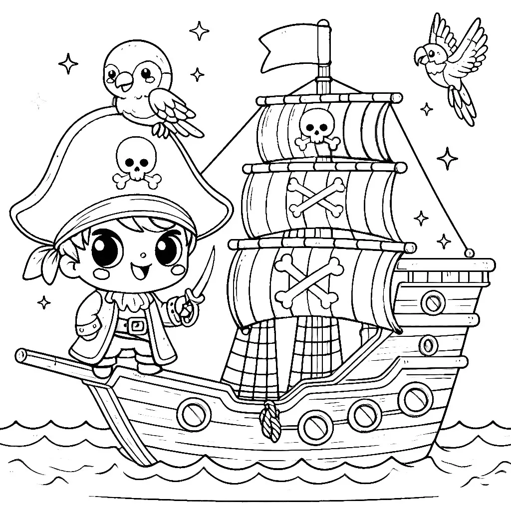 Pirate Boy on Ship with Parrot on his Hat 🏴‍☠️🦜🧑‍🚀 Coloring Page