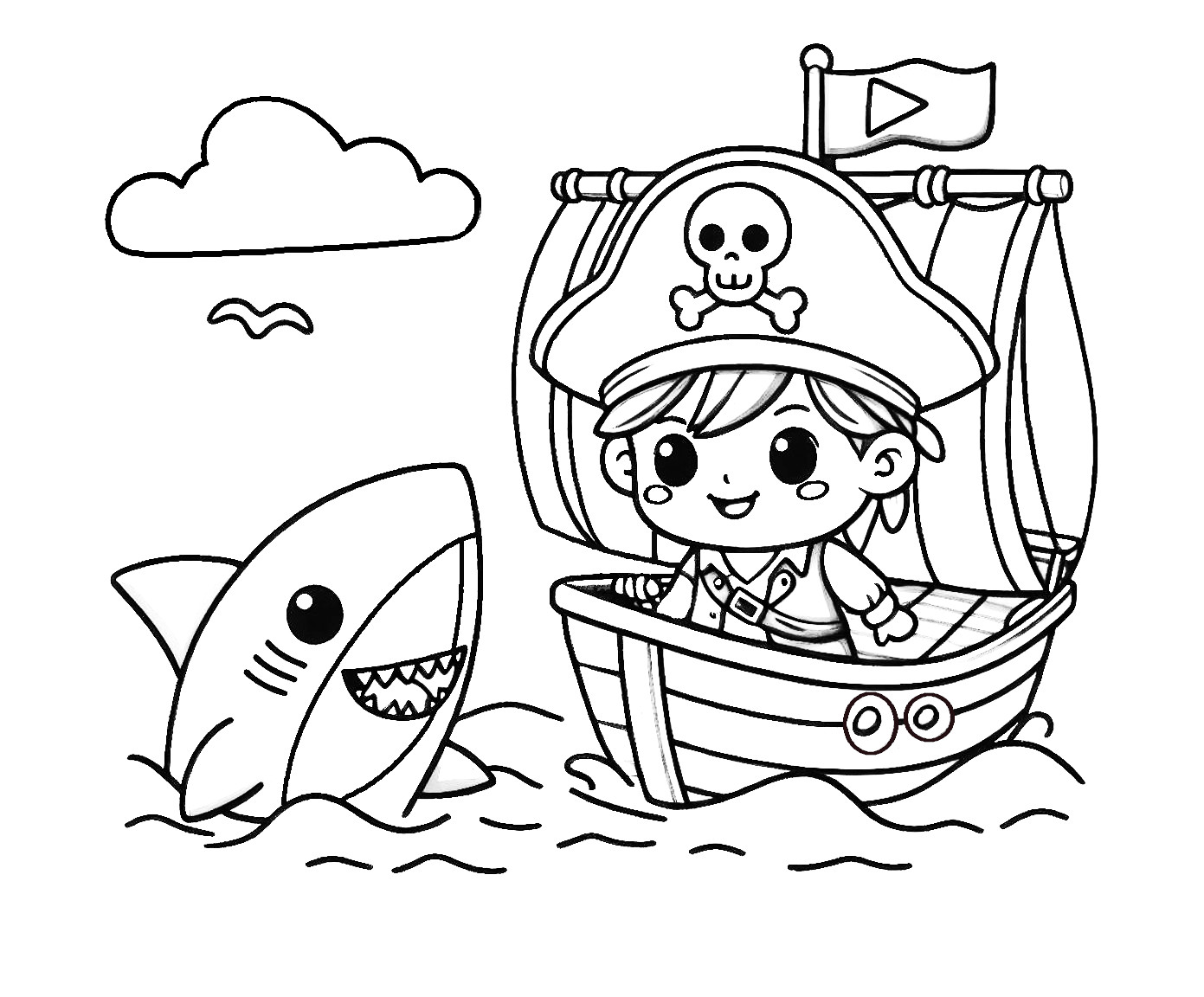 Happy Pirate Boy on Ship with Shark in the Sea ⚓🦈😊 Coloring Page