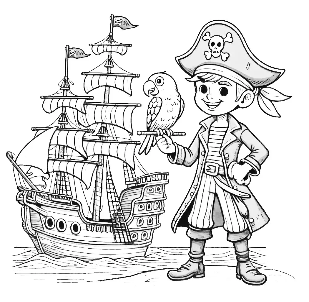 Pirate on Beach Standing in Front of Ship with Parrot 🏴‍☠️🏖️🦜 Coloring Page