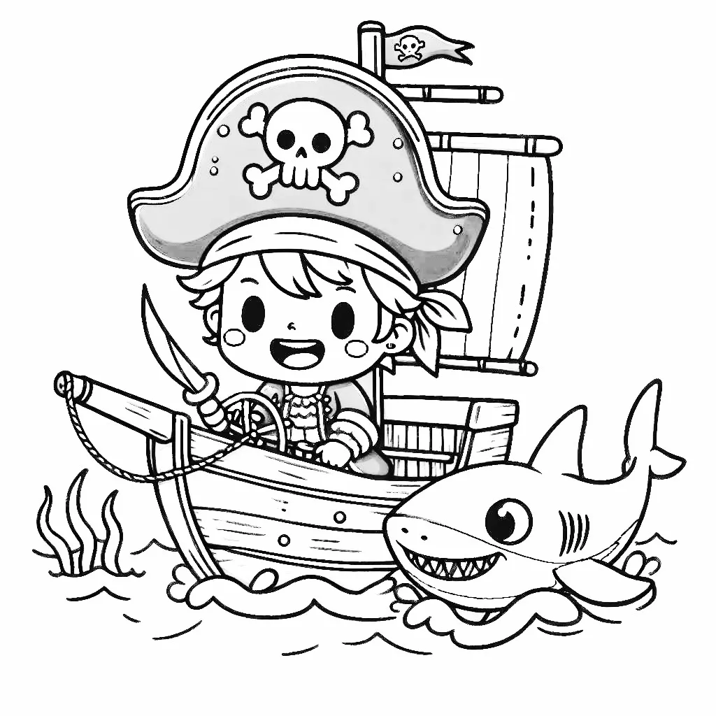 Pirate on Boat with Shark in the Sea 🏴‍☠️⛵🦈🌊 Coloring Page