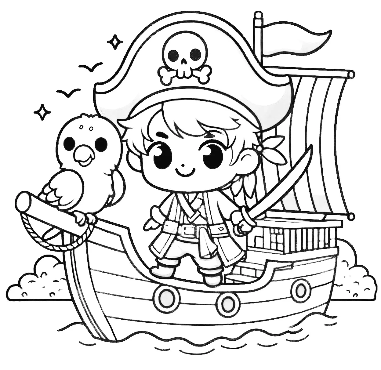 Pirate with Hat and Sword on Ship together with Parrot 🏴‍☠️⚔️🦜🎩 Coloring Page