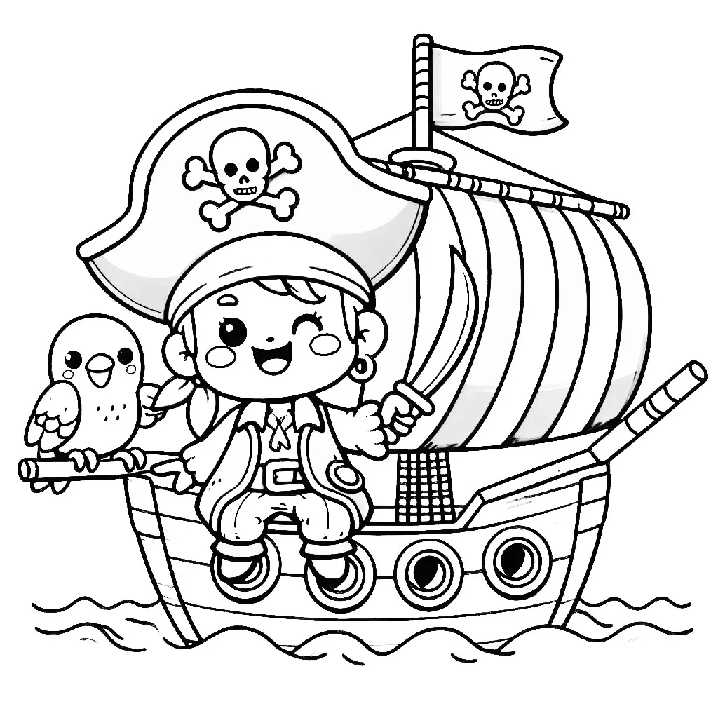 Pirate with Sword on Ship with Parrot ⚔️🏴‍☠️🦜 Coloring Page