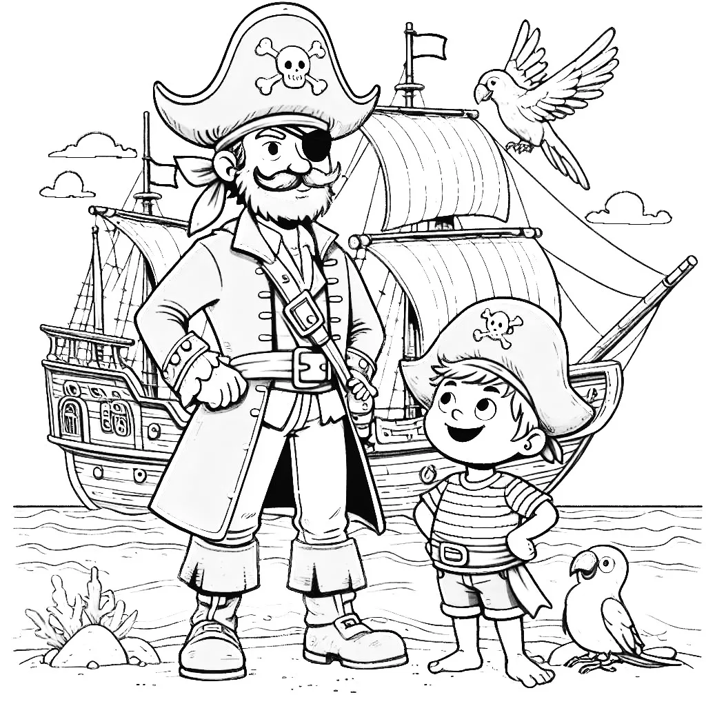 Pirate with Boy Standing in Front of Ship with Parrot 🏴‍☠️🦜👦 Coloring Page