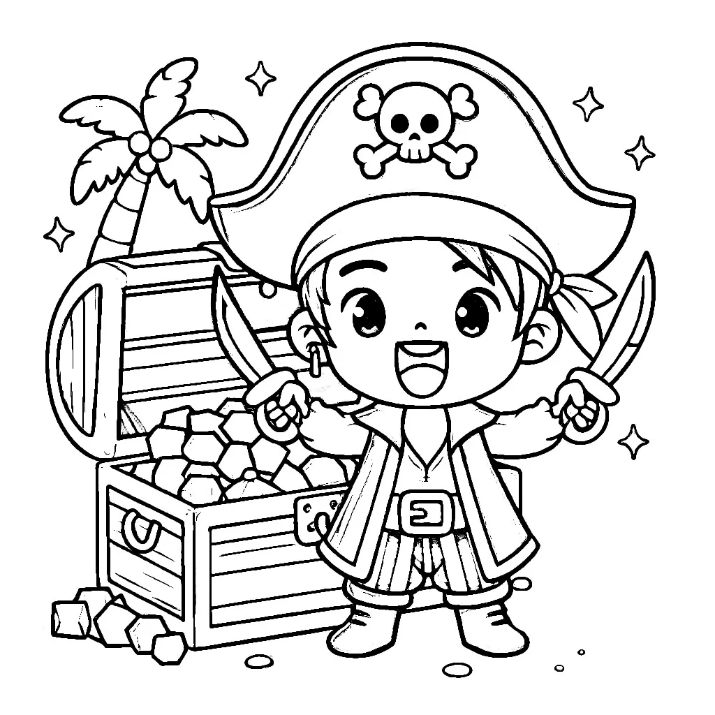 Pirate with Gems Treasure 🏴‍☠️💎💰 Coloring Page