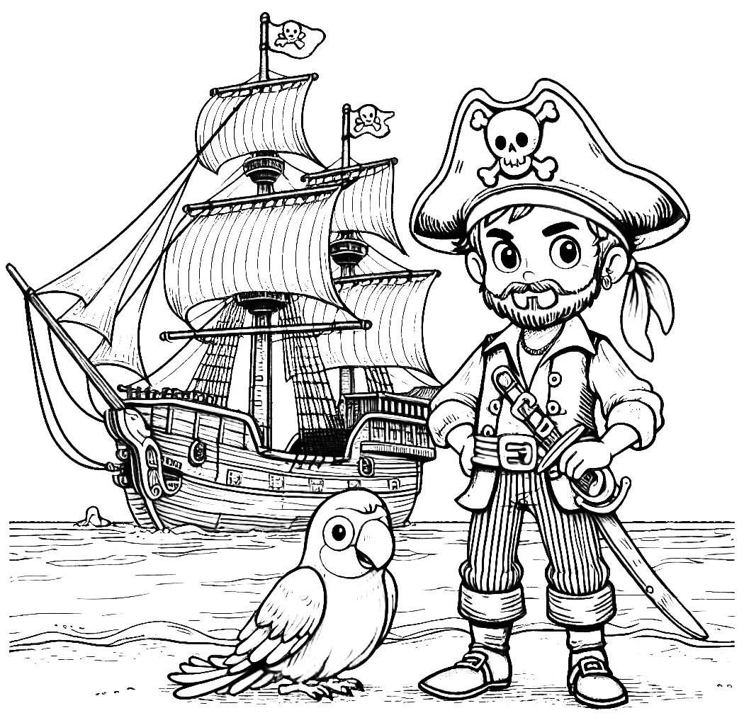 Pirate with Parrot and Ship 🏴‍☠️🦜 Coloring Page
