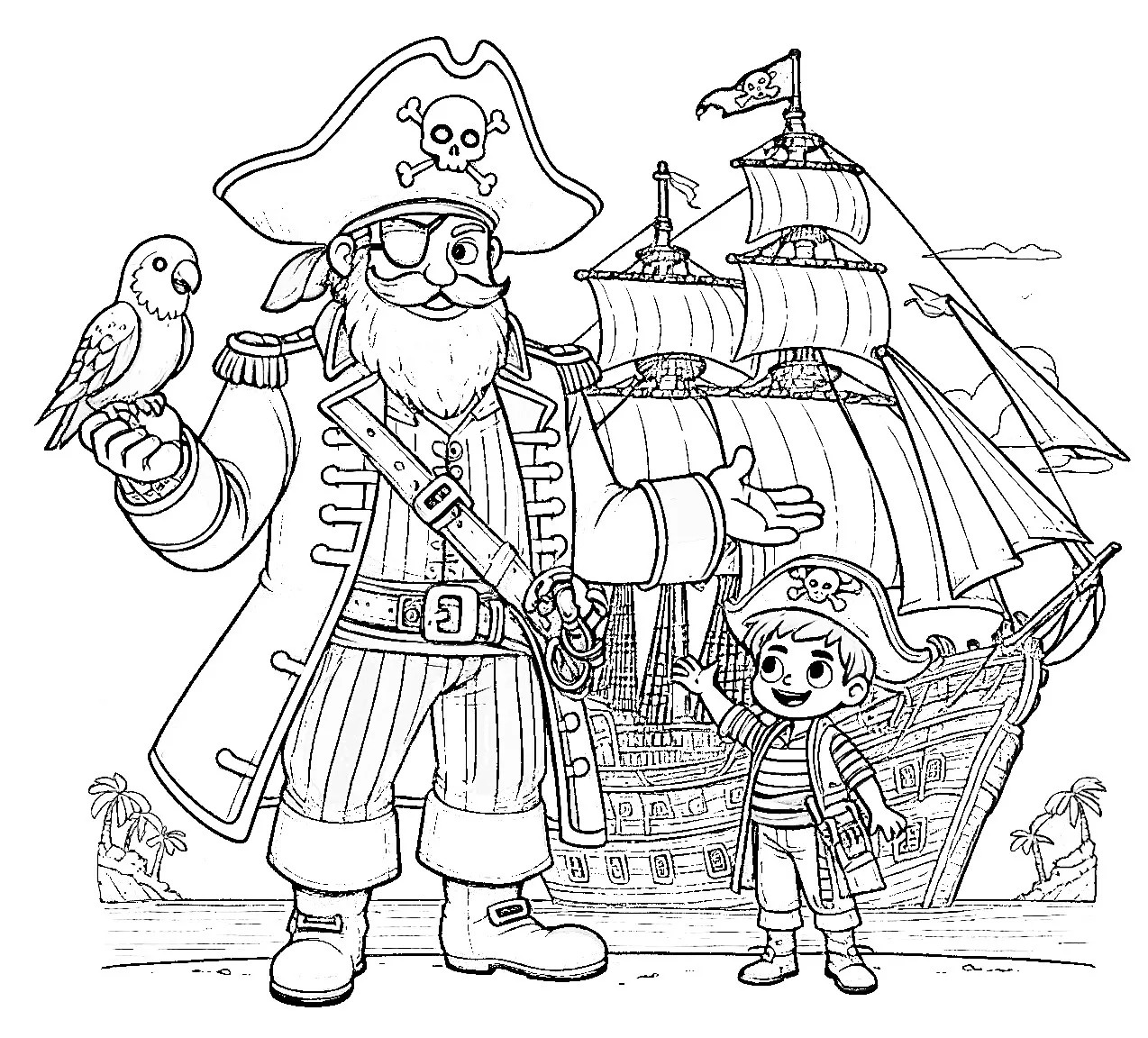 Pirate with Ship Boy and Parrot ⚓🏴‍☠️🦜 Coloring Page