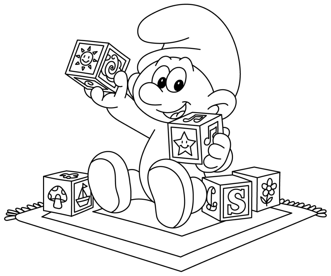 Playful Baby Smurf with Building Blocks 🧒🧱😊 Coloring Page