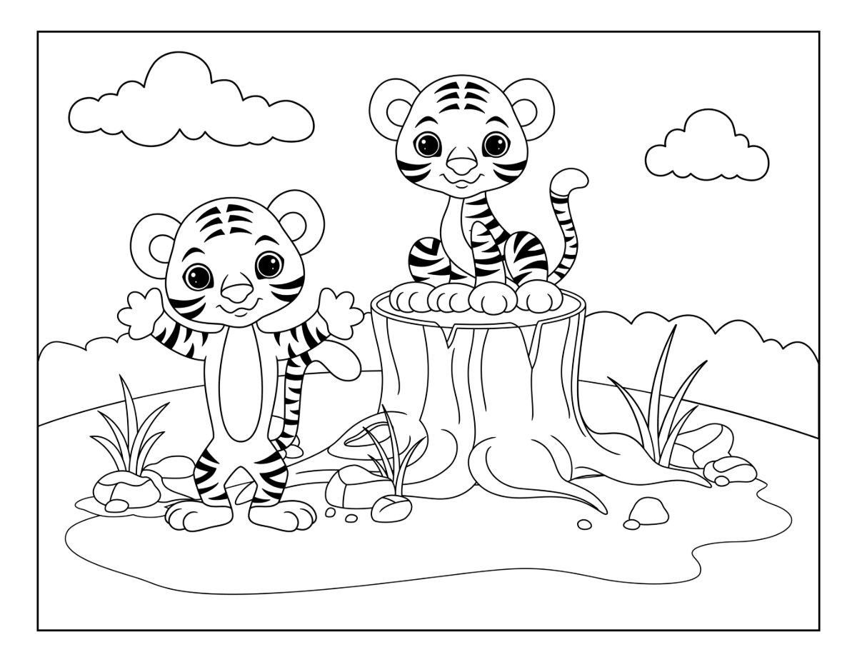 Playful Tiger Cubs Exploring Nature by a Tree Stump 🐯🌳🐾 Coloring Page