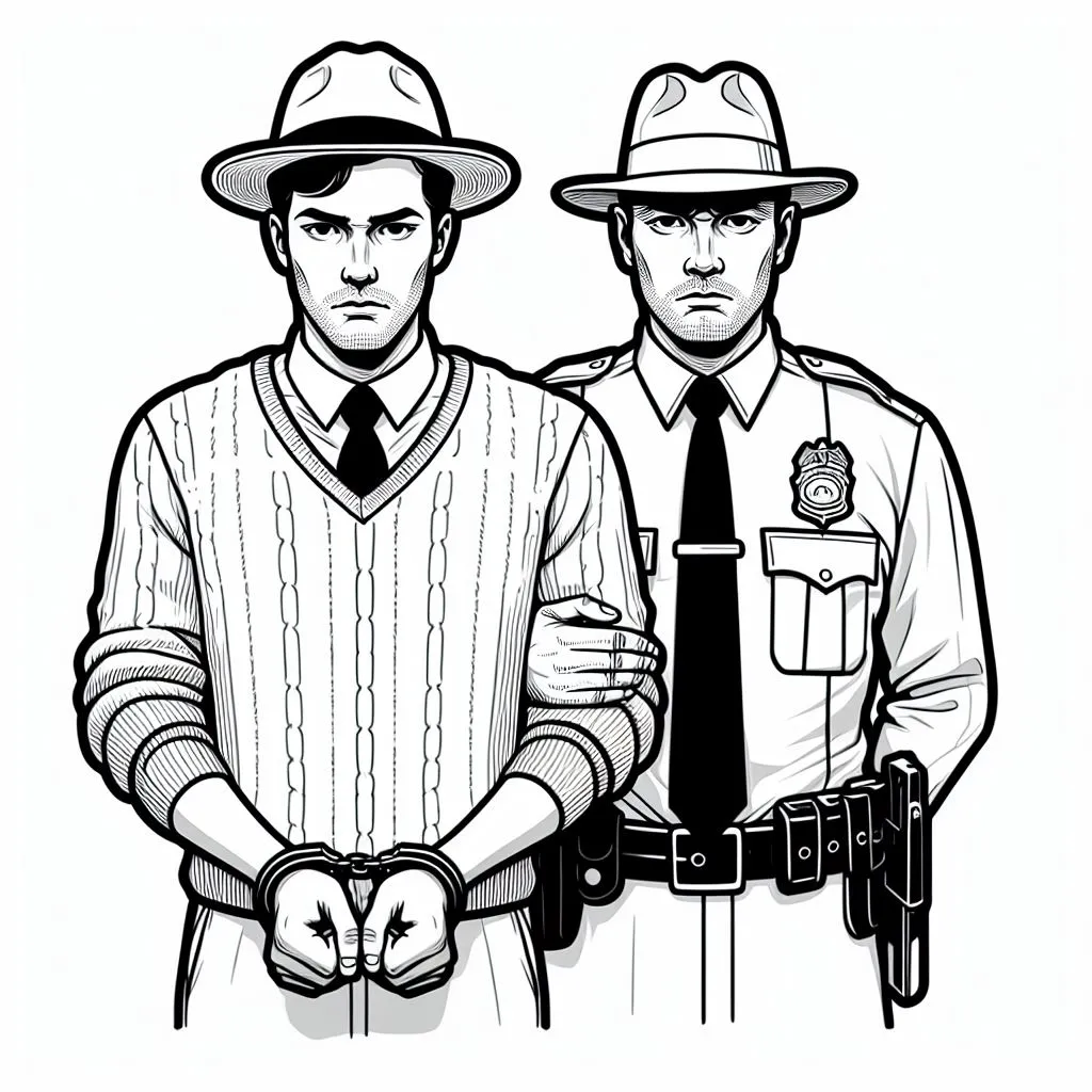 A Policeman Holding a Thief by the Arm 👮‍♂️🤝 Coloring Page