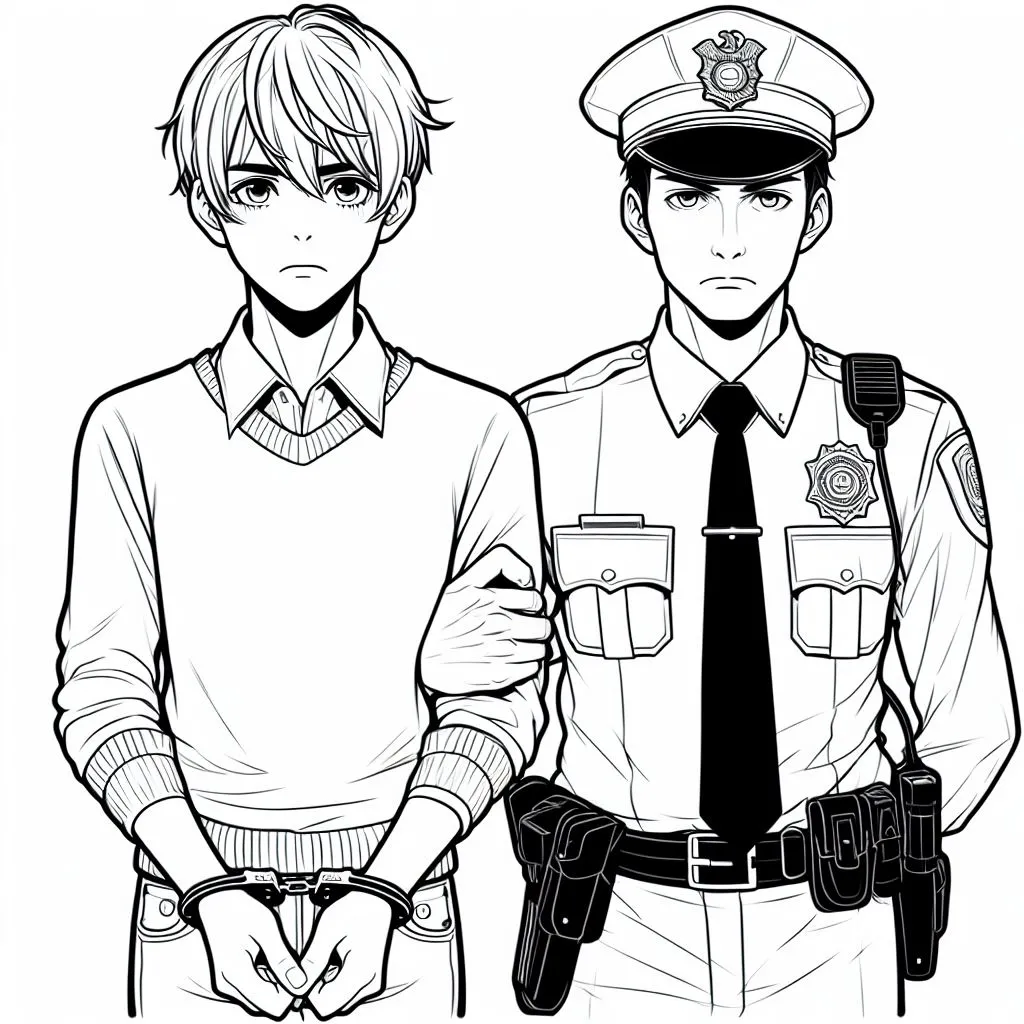 Policeman Holding Young Handcuffed Thief by the Arm 👮‍♂️👦🔗 Coloring Page
