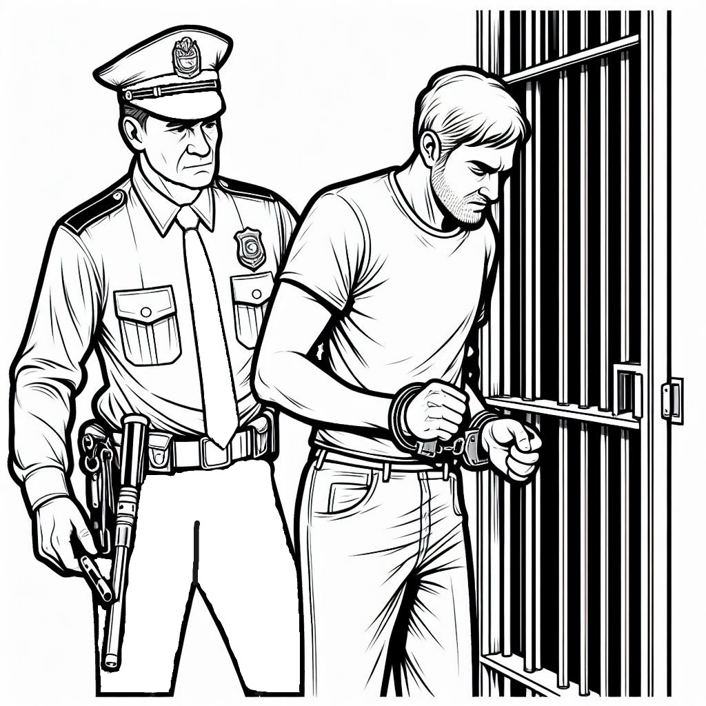 A Police Officer Putting a Handcuffed Thief in Prison 👮‍♂️🤝🔒 Coloring Page