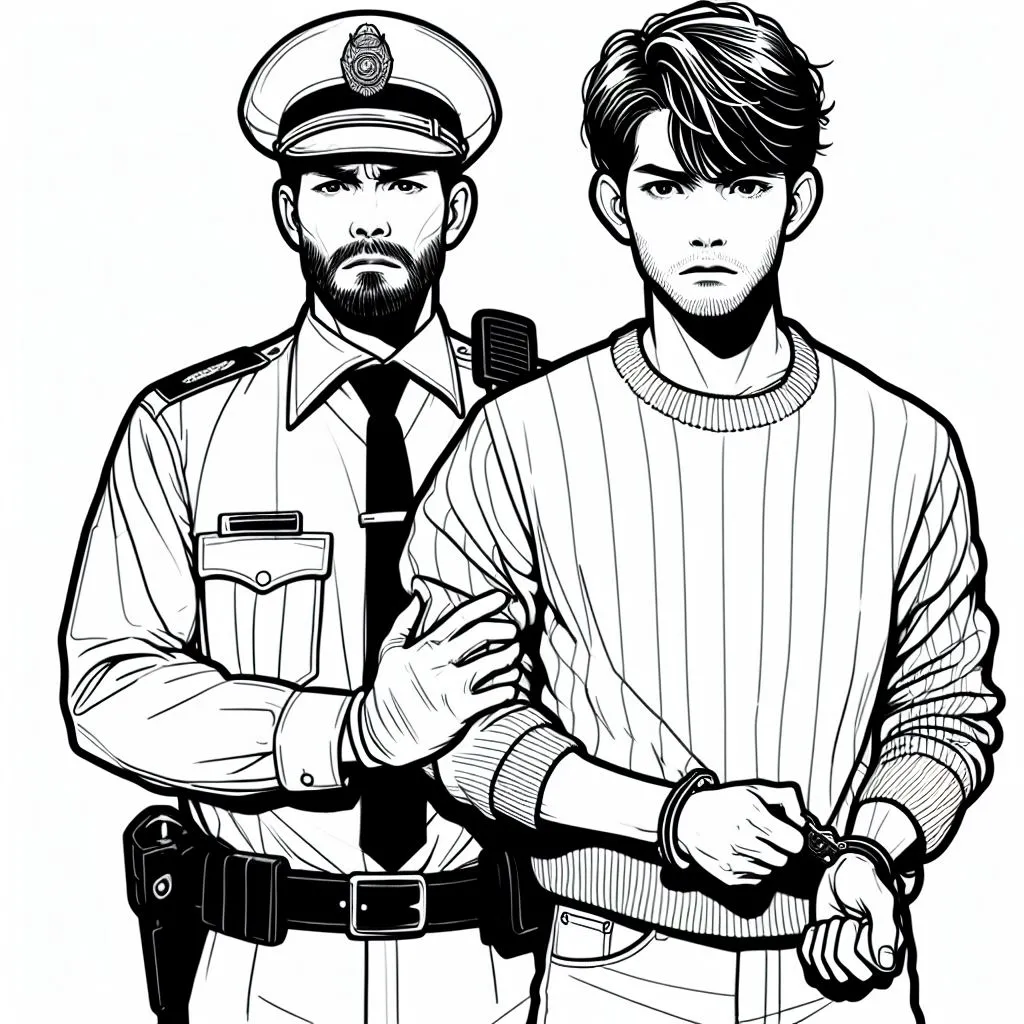 A Police Officer Holding a Handcuffed Thief 👮‍♂️🤝 Coloring Page