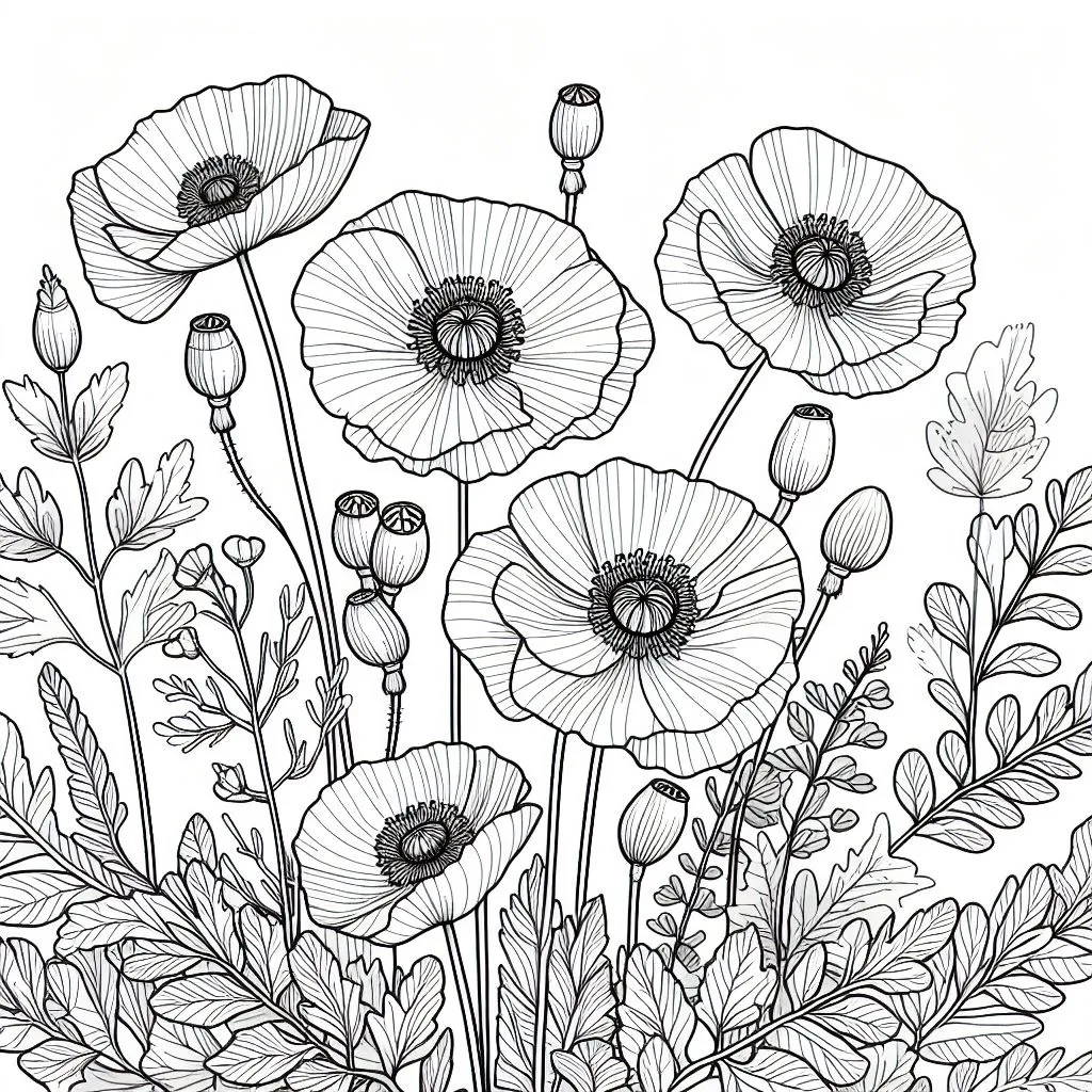 Poppy Flowers 🌺 Coloring Page