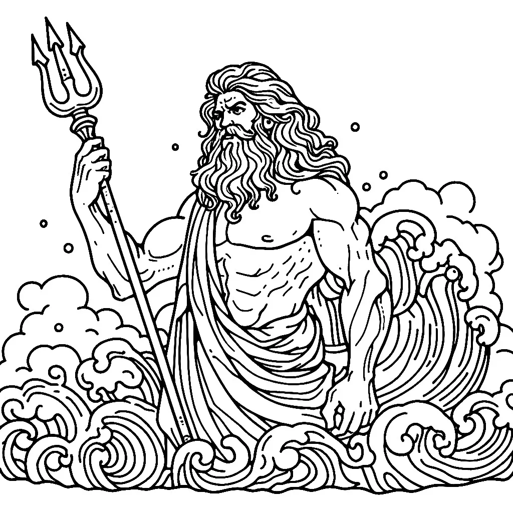 Greek God Poseidon with Trident in the Sea 🎨🌊 Coloring Page