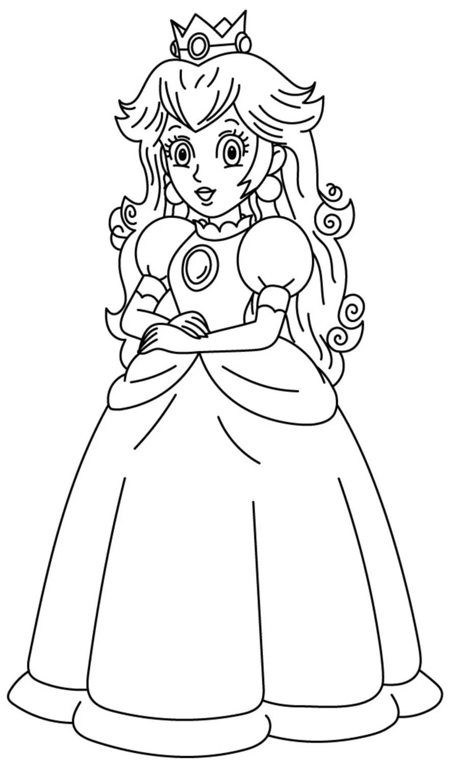Princess Peach in Her Elegant Dress with Crown 👑🌸👗 Coloring Page