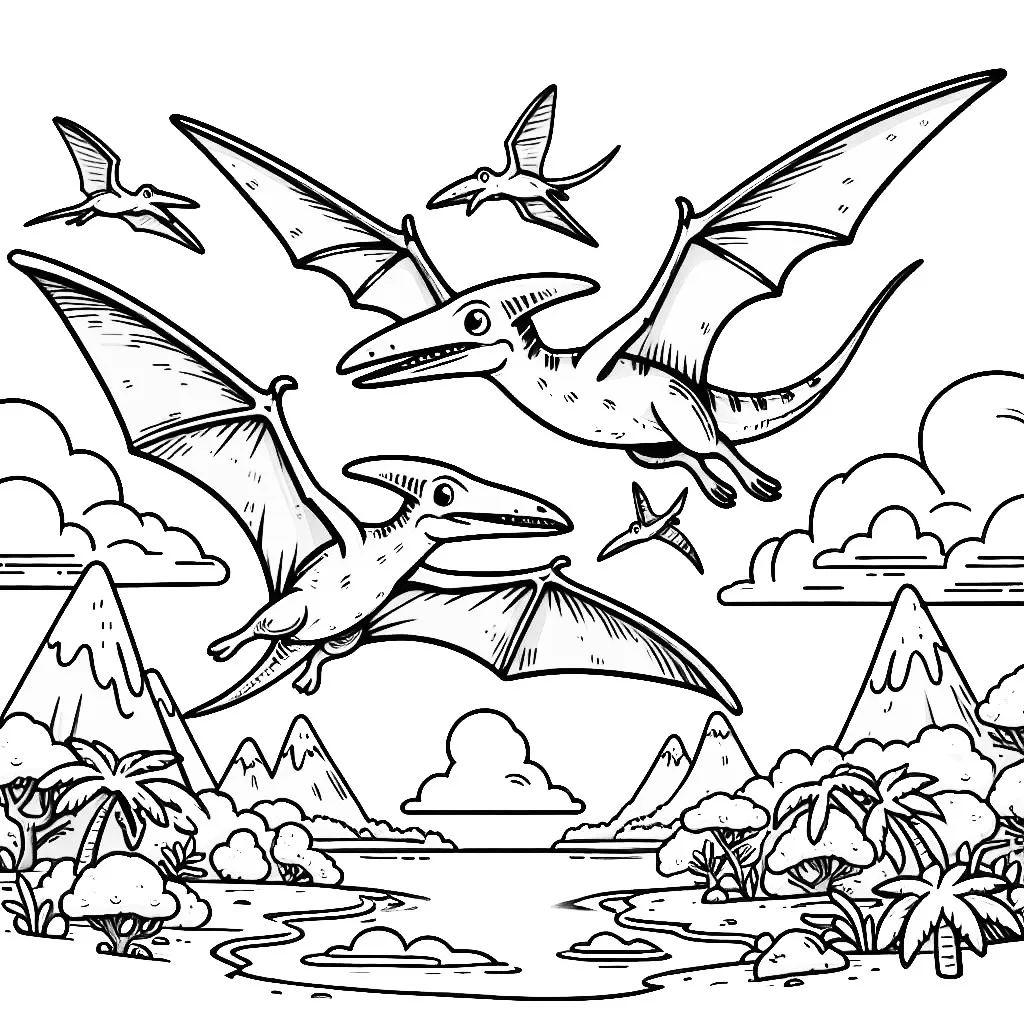 Pterosaurs Flying Dinosaurs above Mountains and Water 🦕🏞️✈️ Coloring Page
