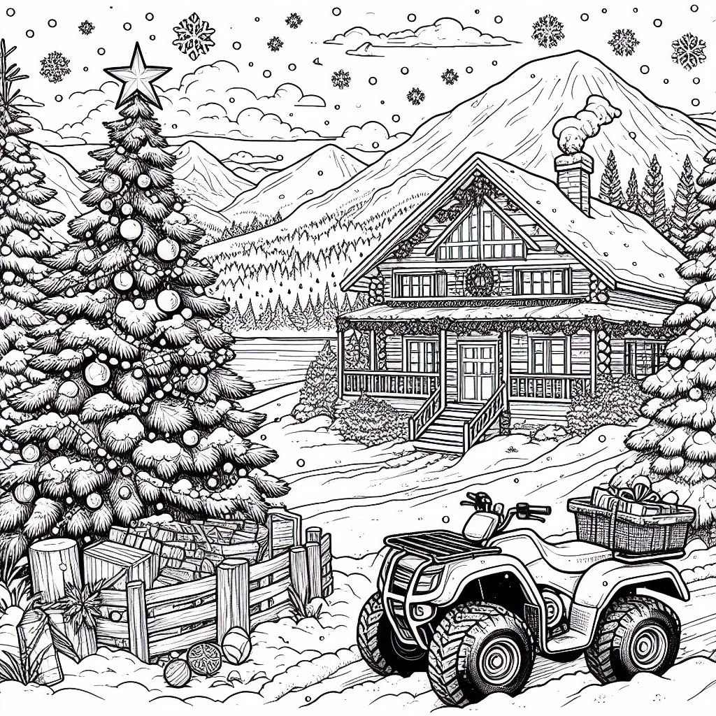 Winter Landscape with House and Christmas Tree 🎄 with Snowfall ❄️🏡🌨️ Coloring Page