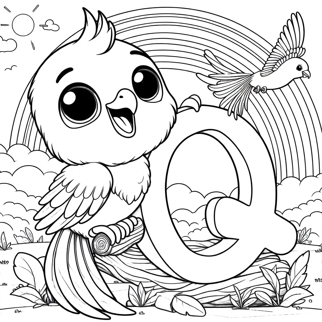 Quetzal Bird with Letter Q and Rainbow 🦜🌈 Coloring Page