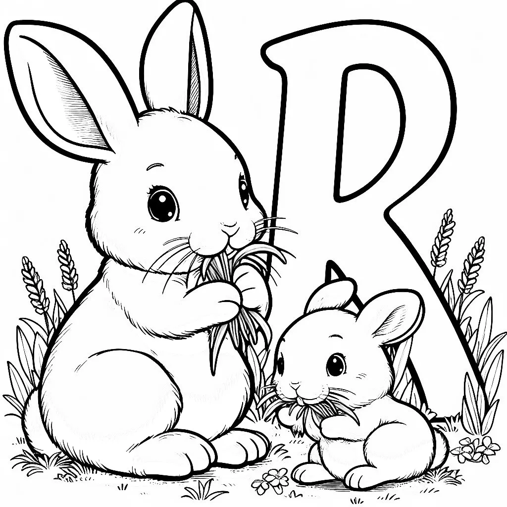 Rabbit 🐰 with Baby Eating Grass with Letter R 🐇🌾🌳 Coloring Page