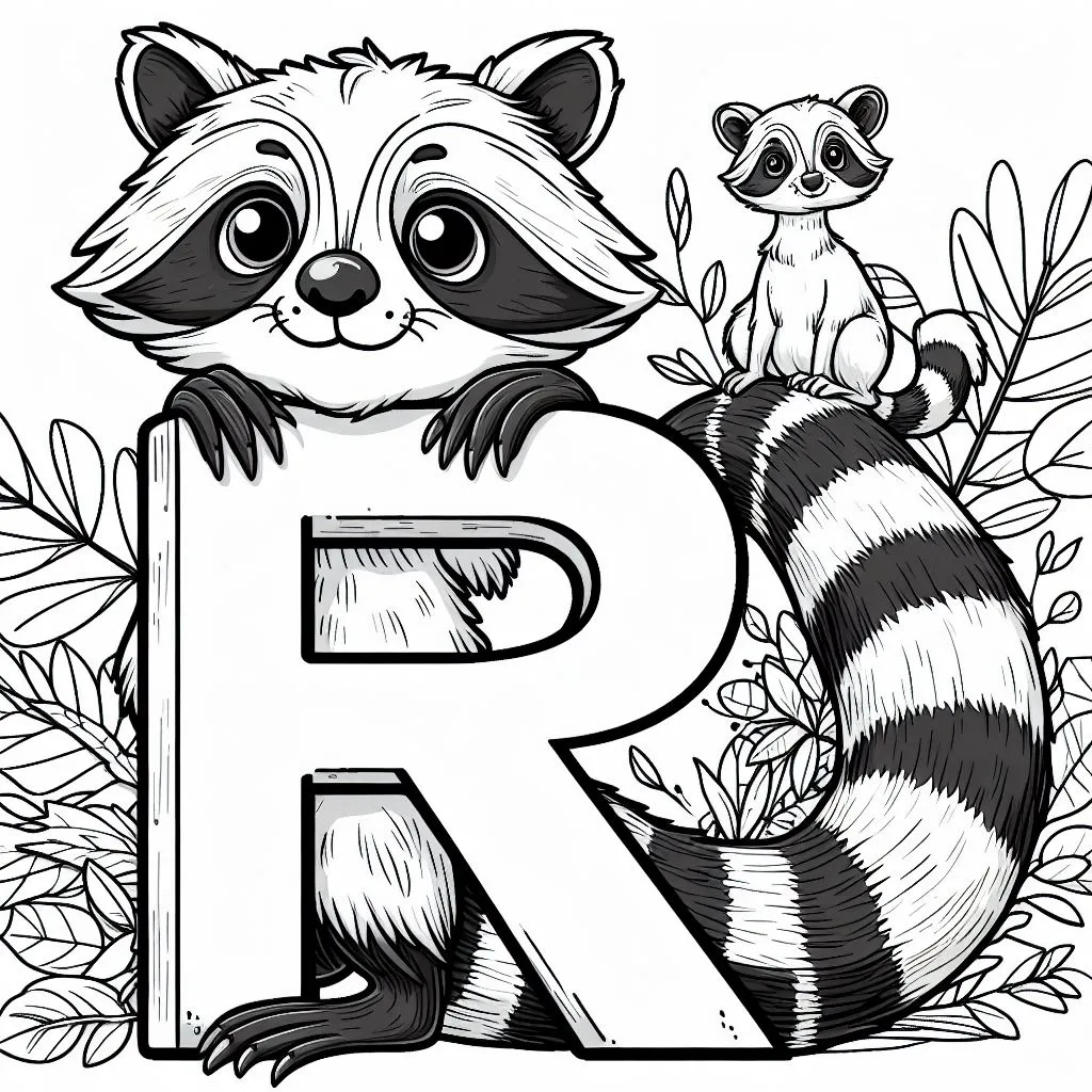 Racoon with Baby and Letter R 🦝👶🌳 Coloring Page