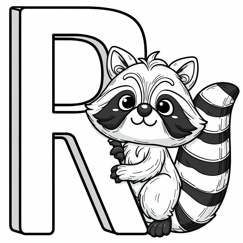 Racoon with Letter R 🦝🌳 Coloring Page
