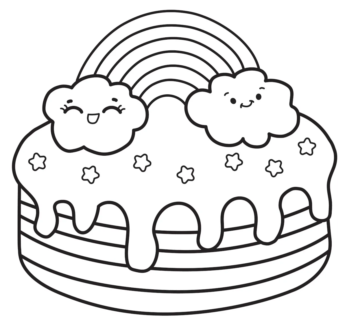 Rainbow Cake with Clouds, Stars, and Dripping Top Layer Smiling 🍰🌈☁️⭐😊 Coloring Page