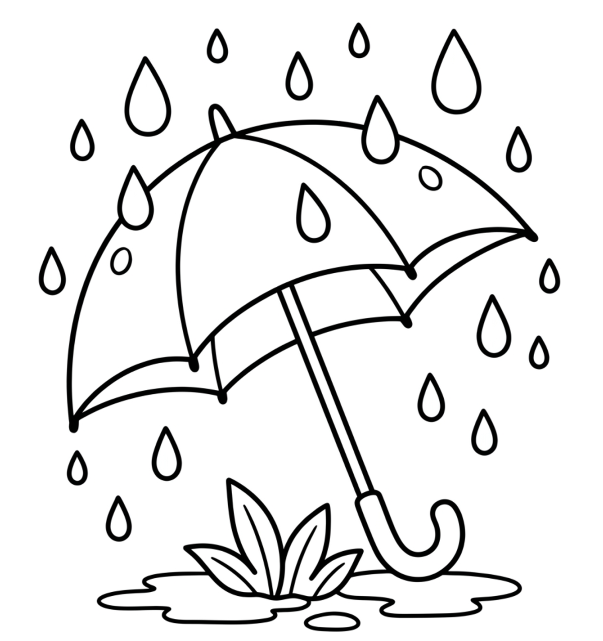 A Rainy Day with an Umbrella and Raindrops 🌧️🌿 Coloring Page