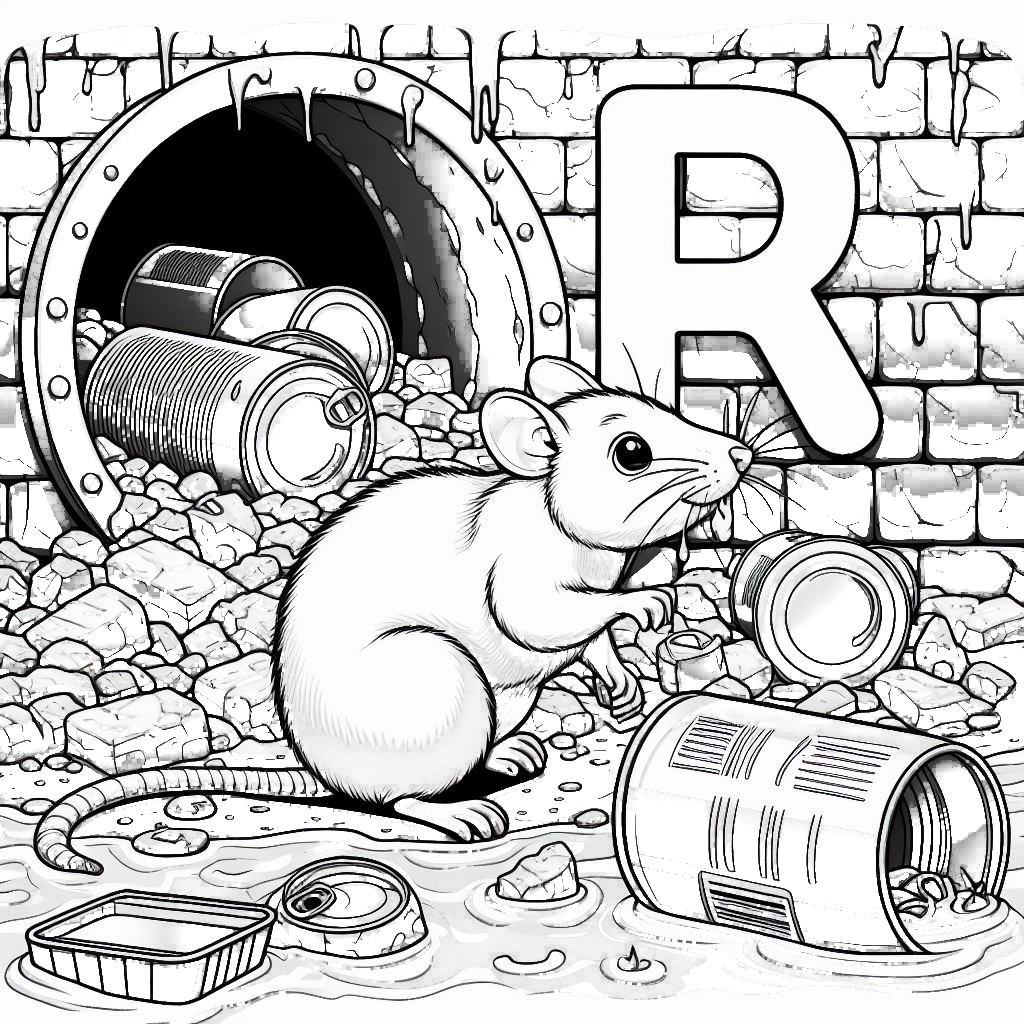 Rat in Sewage Garbage with Letter R 🐀🗑️🌳 Coloring Page
