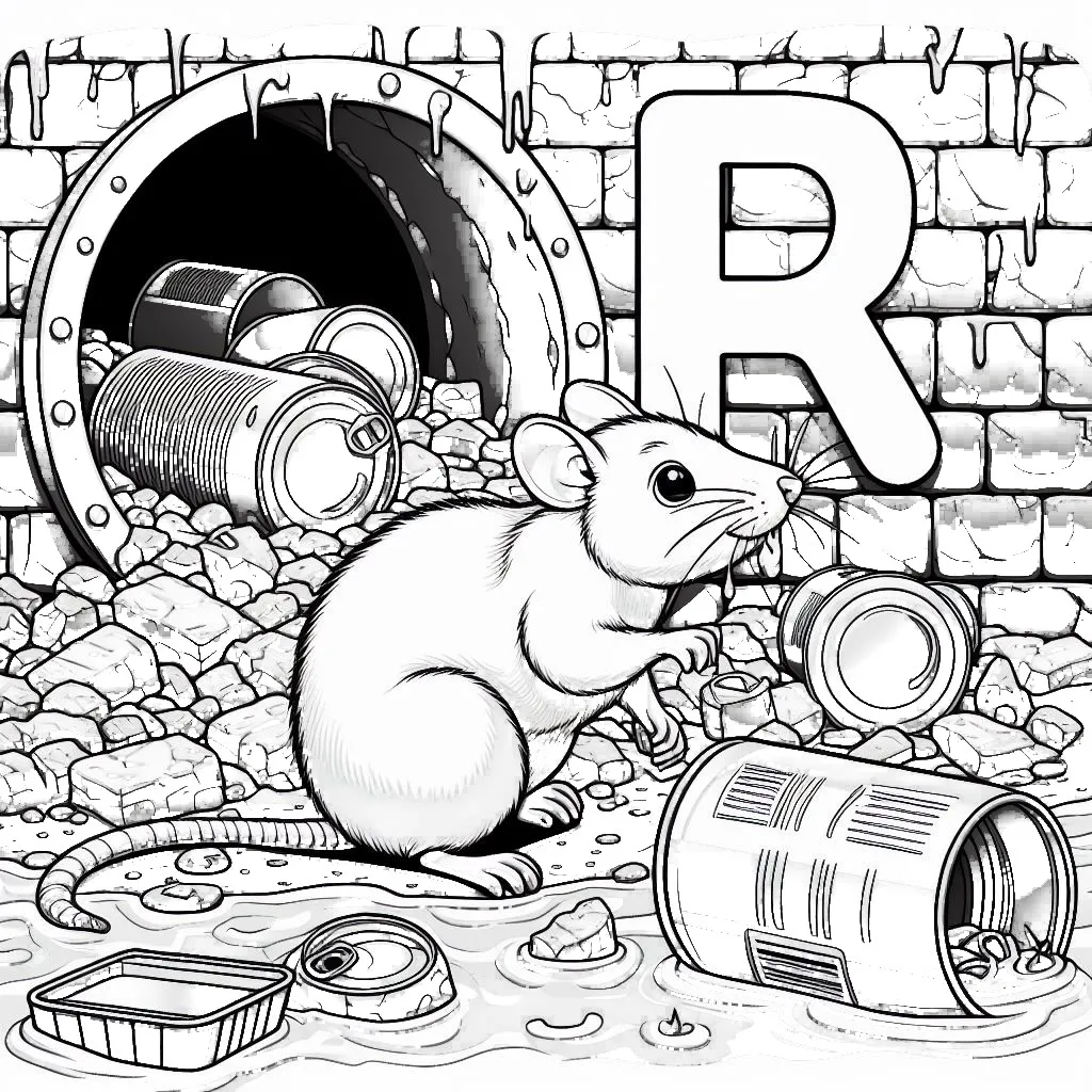Rat in Sewage Garbage with Letter R 🐀🗑️🌳 Coloring Page