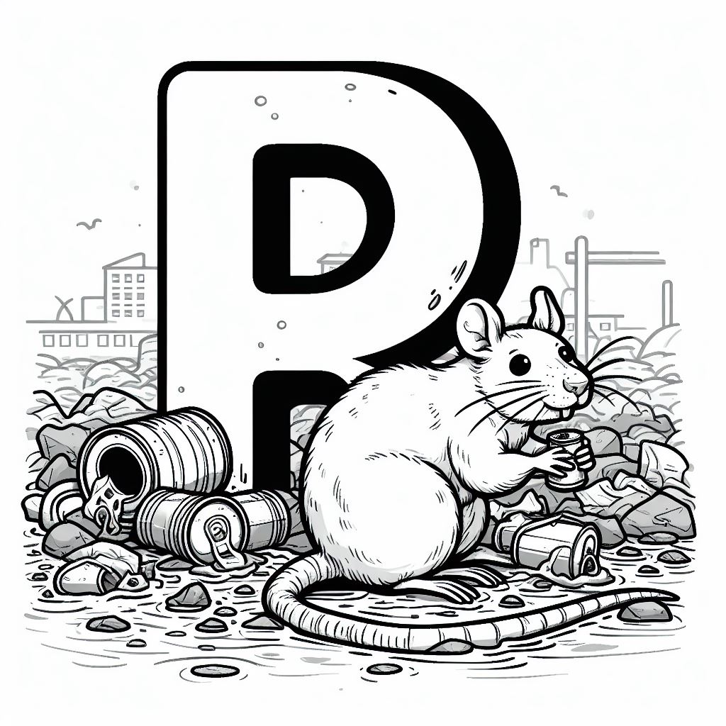 Rat in Sewage Garbage with Letter R 🐀🗑️🌳 Coloring Page