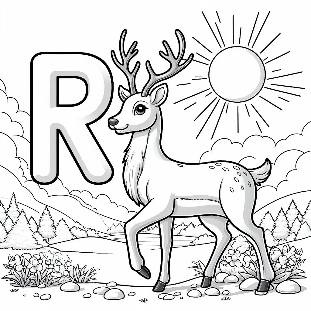 Reindeer in Landscape with Letter R and Sun 🦌🌳☀️ Coloring Page