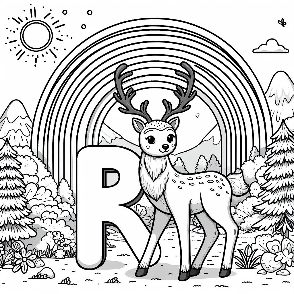 Reindeer in Landscape with Letter R, Rainbow and Sun 🦌🌈☀️ Coloring Page