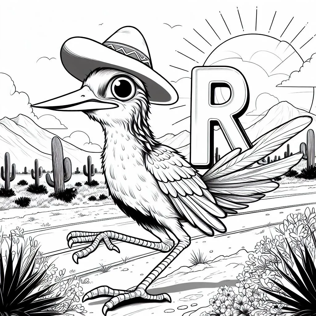 Roadrunner with Hat with Letter R in a Landscape with Cactus 🐦👒🌵 Coloring Page