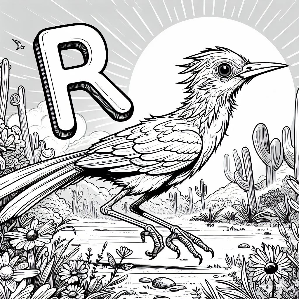 Roadrunner with Letter R in a Landscape with Cactus 🐦🌵 Coloring Page