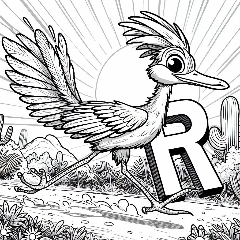 Cute Roadrunner with Letter R in a Landscape with Cactus 🐦🌵 Coloring Page