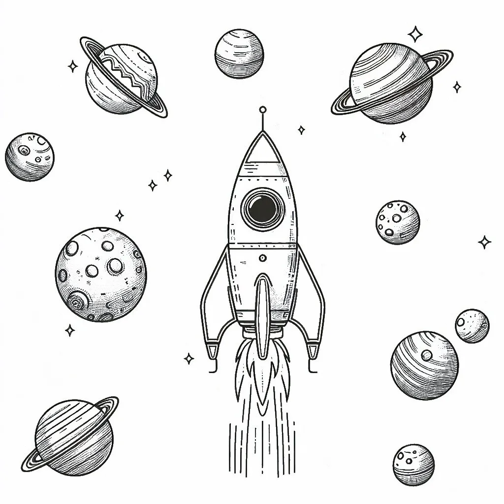 Rocket in Space with Planets 🚀🪐 Coloring Page