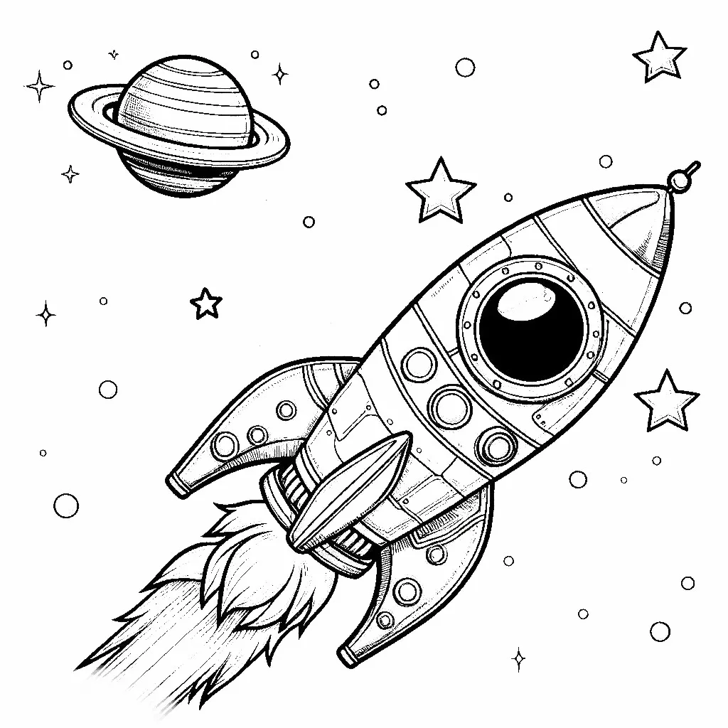Rocket in Space with Planet and Stars 🚀🌌⭐ Coloring Page