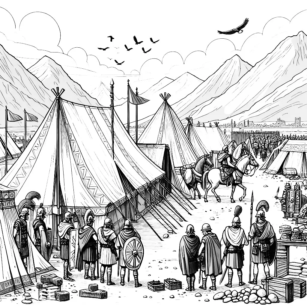 Roman Army Legion Tent Camp with Birds above 🏕️🕊️ Coloring Page