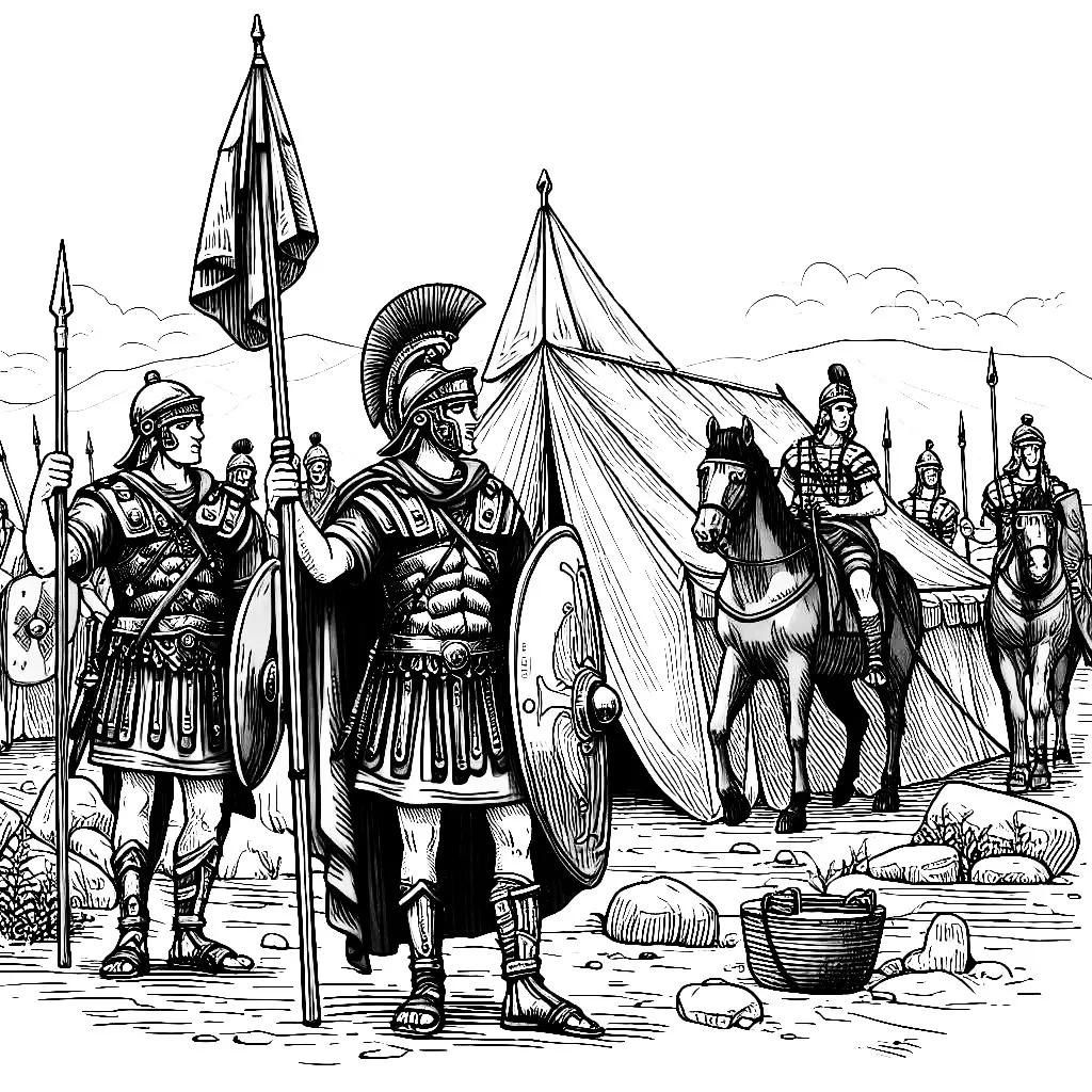 Roman Army Legion Tent Camp Soldier with Shield and Flag ⛺🛡️ Coloring Page